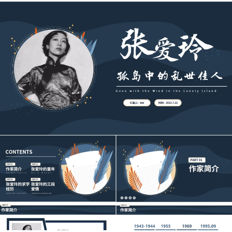 【免费】深蓝色张爱玲孤岛中的乱世佳人PPT模板